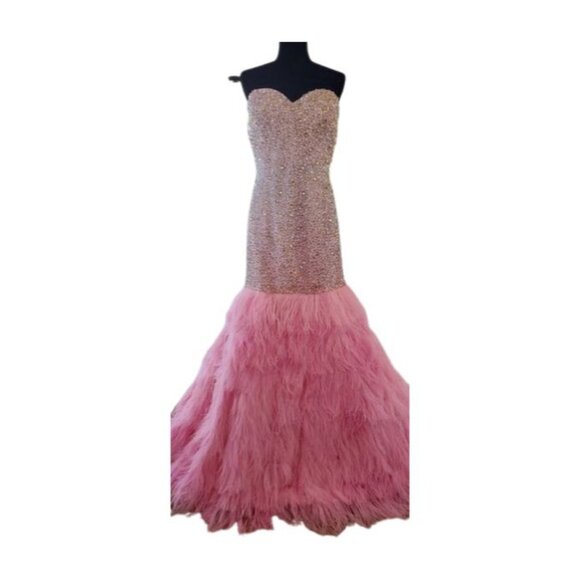 Evening Wedding Cocktail Runway Beaded Crystals Ostrich Feathers Couture Dress - Picture 16 of 16